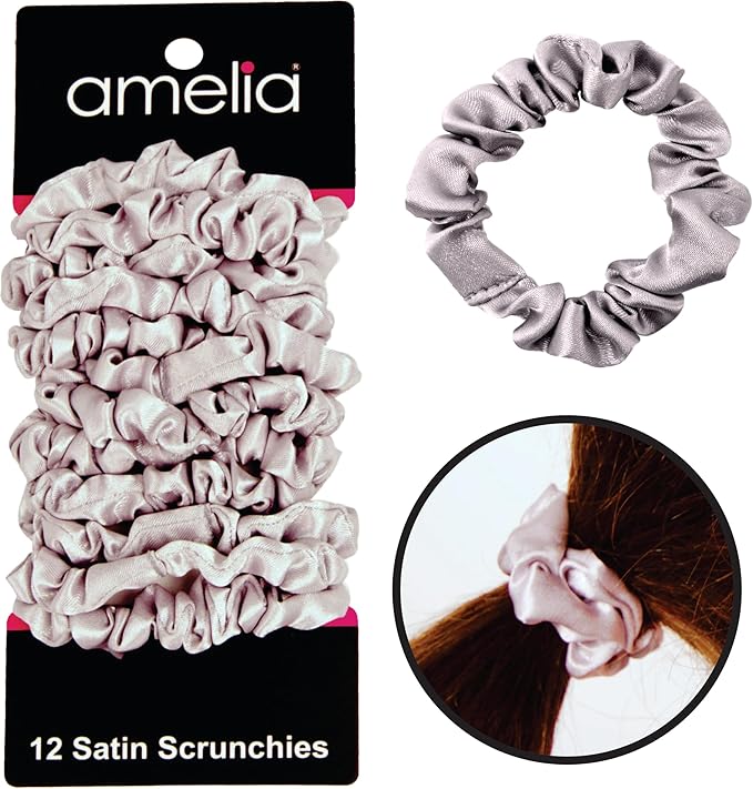 Amelia Beauty, Grey Satin Small Scrunchies, 12-Pack – No Damage Hair Ties for Women, Gentle & Durable Hair Accessories, 2.5in x 0.5in