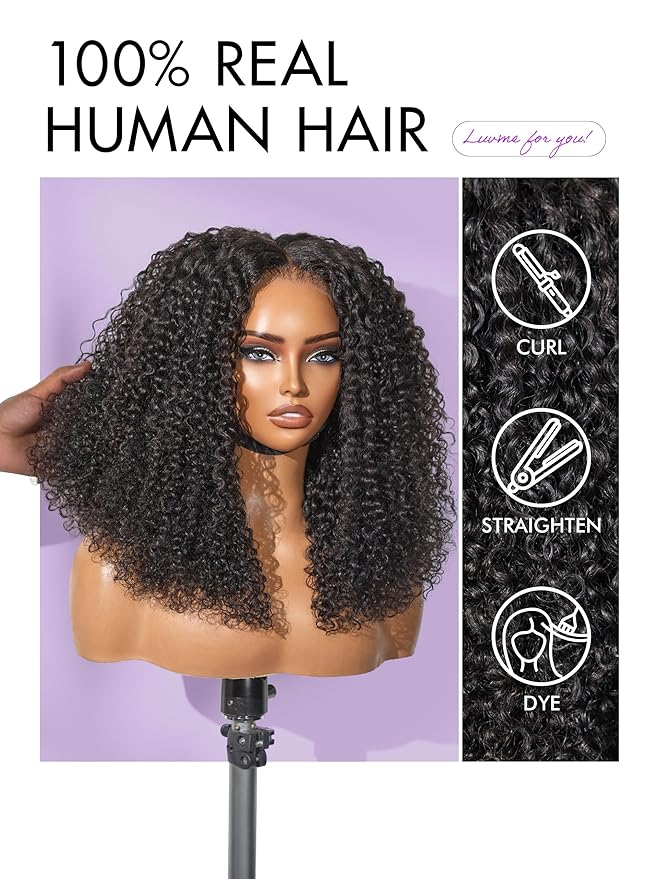 LUVME HAIR 5X5 Kinky Curly 200% Human Hair Wigs Glueless Lace Front 16 Inches Pre Cut Plucked Hd Lace Wig Ready To Go Natural Color Flexi-Fit Drawstring Cap Bleached Knots Black Wigs