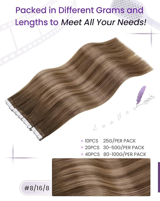LaaVoo Human Hair Tape in Extensions Balayage Light Brown to Ash Brown Hair Extensions Tape in Real Human Hair Seamless Tape in Hair Extensions Human Hair Skin Weft 20 Inch 20pcs 50g