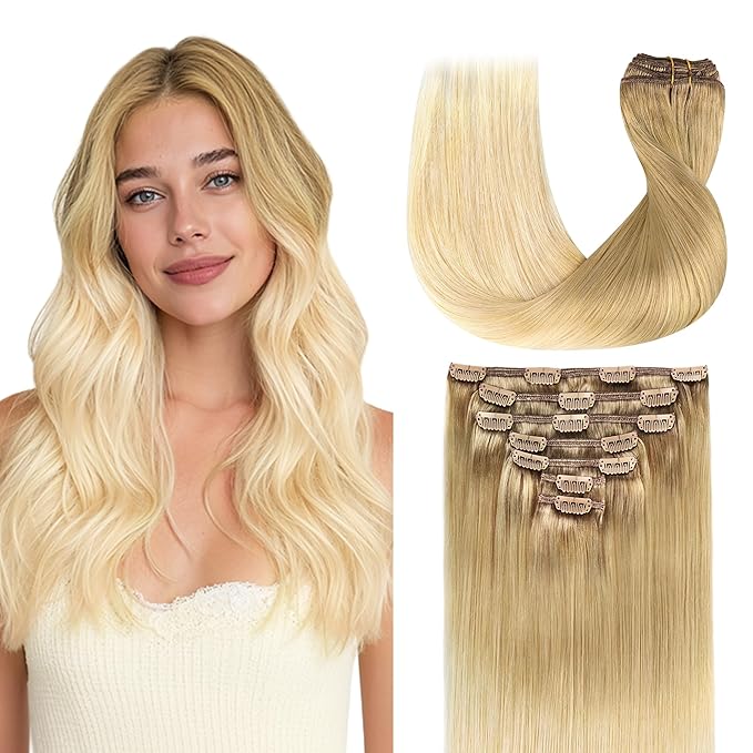 GOO GOO Clip in Hair Extensions Real Human Hair, Remy Human Hair Extensions Clip ins for Women, Natural Human Hair, 24inch 120g 7Pcs, #O7/60F