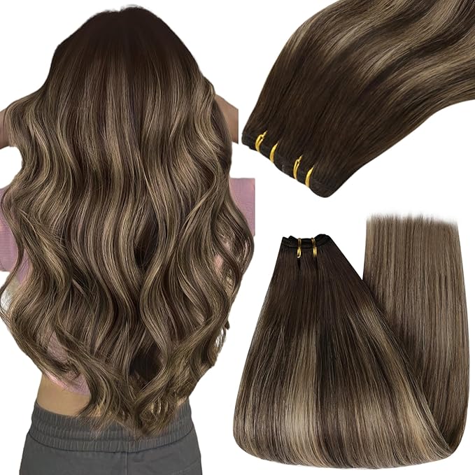 YoungSee 130G Weft Hair Extensions 24 inch Balayage Sew in Hair Extensions Dark Brown with Caramel Blonde Balayage Double Weft Human Hair Extension for Natural Look
