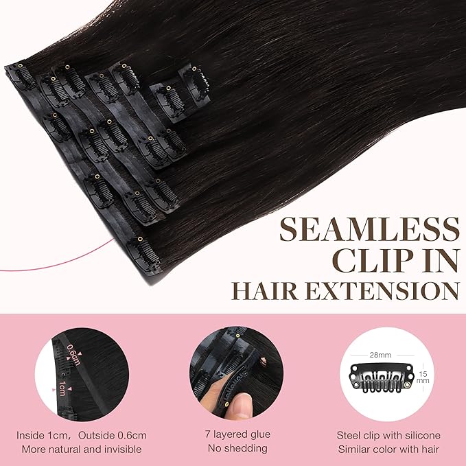 GOO GOO Clip in Hair Extensions Real Human Hair, Remy Human Hair Extensions Clip ins for Women, Natural Human Hair, 16inch 110g 7Pcs, 2 Dark Brown