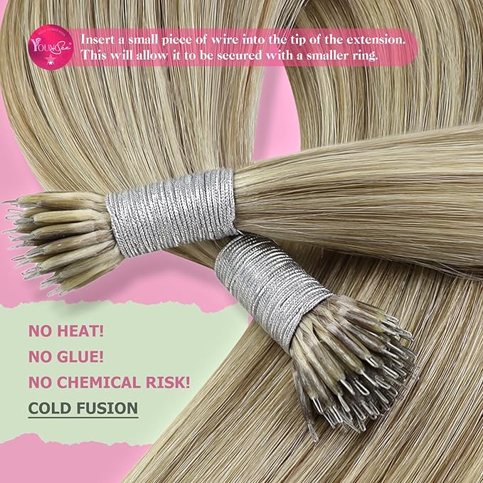 YoungSee Nano Ring Hair Extensions Highlight Nano Extensions Human Hair Light Brown Highlight Platinum Blonde Nano-Ring Extension Natural Looking Pre Bonded Human Hair 16in 50s 50g