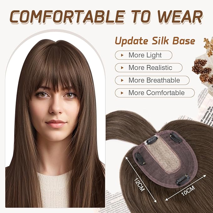 Rich Choices Real Human Hair Toppers for Women With Bang 100% Remy Human Hair Topper for Thinning Hair Clip in Silk Base Hair Topper 16 Inch #2R Chocolate Brown