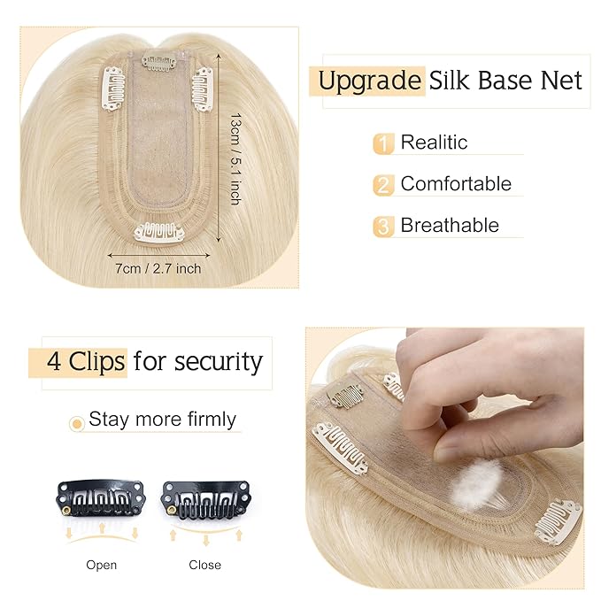 SEGO Hair Toppers for Women Real Human Hair With Bangs, 7 * 13CM Silk Base 100% Remy Human Hair Clip in Top Wiglet Hairpieces Add Volume /18 Inch Platinum Blonde