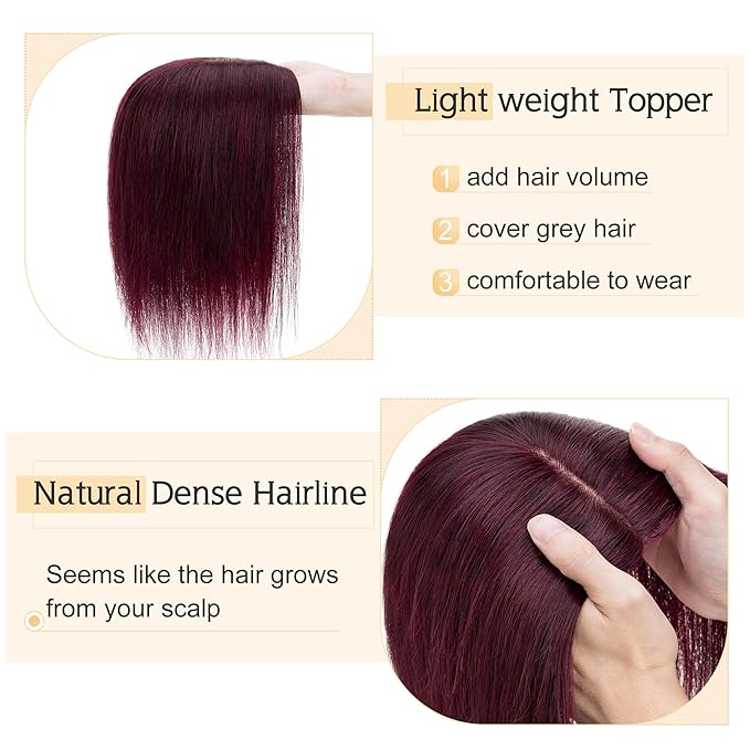 SEGO Human Hair Toppers for Women With Thinning Hair, 7 * 13CM Silk Base 100% Real Human Hair Clip in Top Wiglet Hairpieces /12 Inch No Bangs Wine red