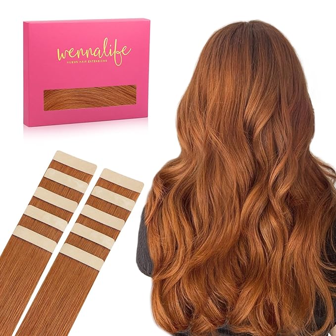 WENNALIFE Tape in Hair Extensions Human Hair Dirty Ginger Tape in Extensions, 10pcs 30g 20 inch Remy Invisible Tape Ins Straight Colored