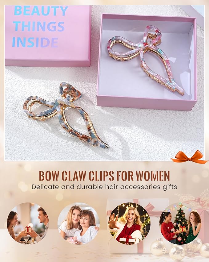ACECHA 2 Pack Bow Hair Claw Clips for Women, 4.5" Gold Metal Hairclips for Thick Thin Hair, Large Non-slip Claws Strong Hold Styling (Floral 00)