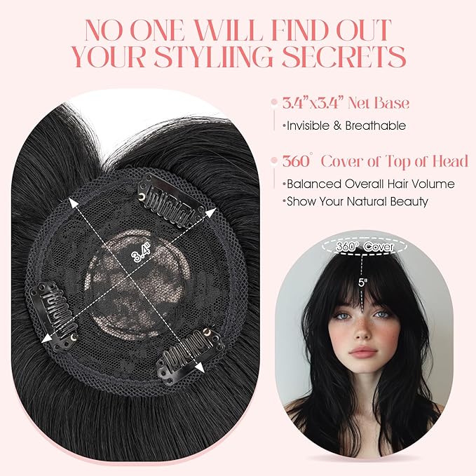 Hairro Mono Hair Toppers with Bangs, 3.4" x 3.4" Mono Base 100% Real Human Hairpieces for Women, 150% Density Clips In Topper for Greyish Thinning Hair, 14 Inch Jet Black