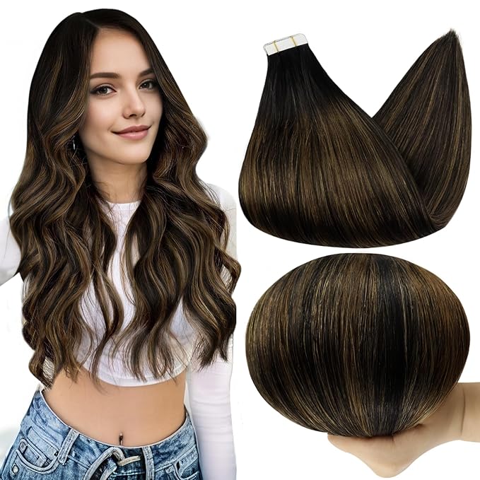 Full Shine Tape in Hair Extensions 1B Balck Fading to 6 Brown and 1B Black Straight Hair Extensions Tape in Human Hair Seamless Skin Weft 20 Pcs 50 Gram Invisible 16 Inch for Wedding