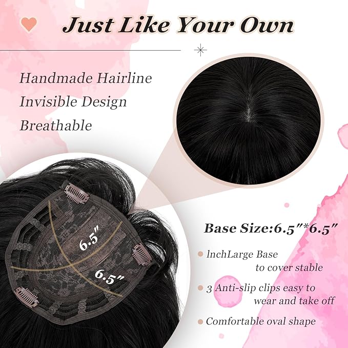 Hair Topper, 360° 3D Hair Toppers for Women with Thinning Crown, 18 Inch Long Wavy Curly Hair Pieces Clip in Bangs (Black, 18 inch, French Bangs)