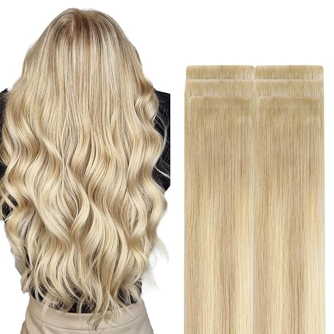 GOO GOO Invisi Edge Tape in Hair Extensions Human Hair, 18ET90A Natural Blonde Balayage, 6pcs 12inch 15g, Virgin Remy Hair, Seamless Injected Tape, Natural Look
