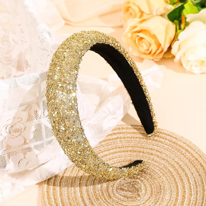 Gold Sparkle Headband for Women Fashion Glitter Wide Headbands Bling Comfortable High Elastic Head Band Hairband Hairhoop Hair Accessories for Women