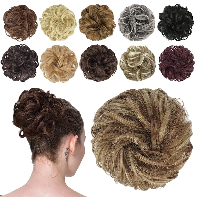 FESHFEN Messy Bun Hair Piece - Elastic Wavy Curly Hair Bun Scrunchies Extensions Synthetic Chignon Hairpieces for Women Girls, Brown & Blonde 1.5 oz