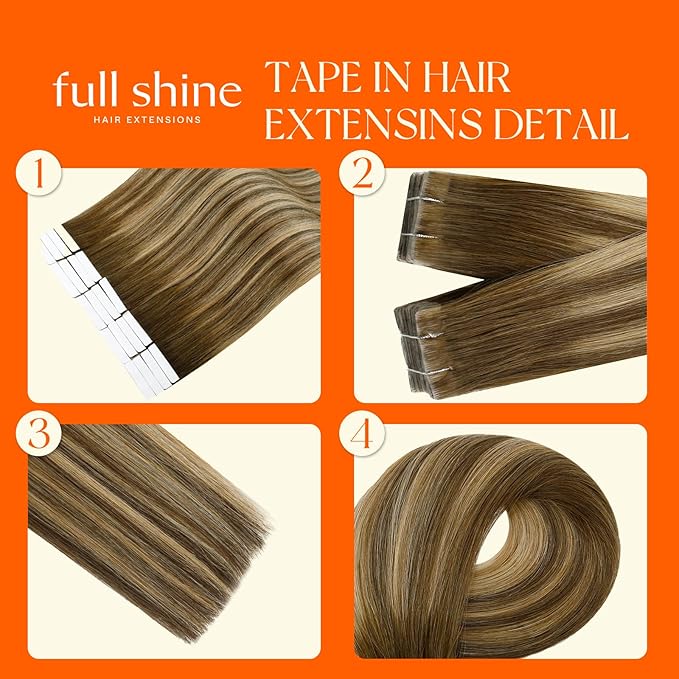 Full Shine Injection Tape in Extensions Human Hair Color 4/24/4 Brown Fading to Blonde and Brown 18 Inch Invisible Skin Weft Double Sided Tape in Hair Extensions Soft Natural for Party 20 Pcs 50G