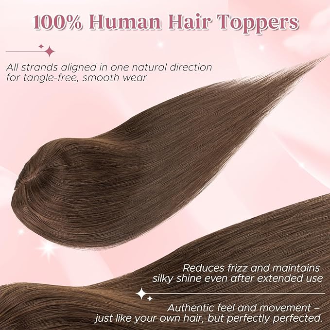 Real Human Hair Toppers for Women 3.54"*4.72" Silky Base 150% Density With Bangs Adjustable Parting Clip-In Topper Hairpieces for Women with Thinning Hair 14 Inches Dark Brown