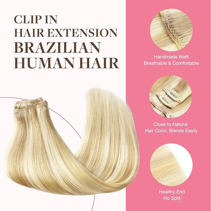 GOO GOO Clip in Hair Extensions Real Human Hair, Remy Human Hair Extensions Clip ins for Women, Natural Human Hair, 18inch 150g 9Pcs, 18D/22F Dirty Blonde Highlights