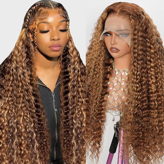 210% Density 13x6 Highlight Ombre Full Lace Frontal Wigs Human Hair 12A Deep Wave Brazilian Human Hair Pre Plucked 4/27 Honey Blonde HD Glueless Transparent Lace 26 Inch