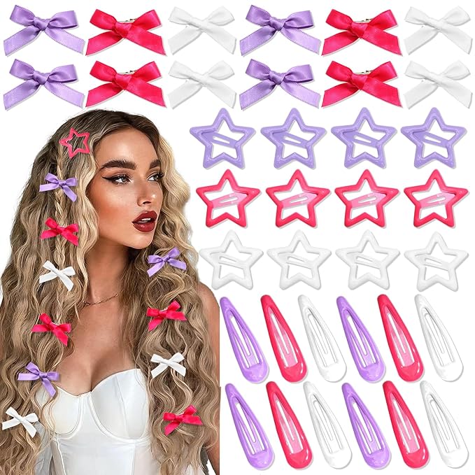 36Pcs Hot Pink Mini Hair Bows Purple Star Snap Hair Barrettes for Women White Water Drop No Slip Hair Clips Small Bow Hair Clips Star Bowknot Hair Accessories for Teens Girls