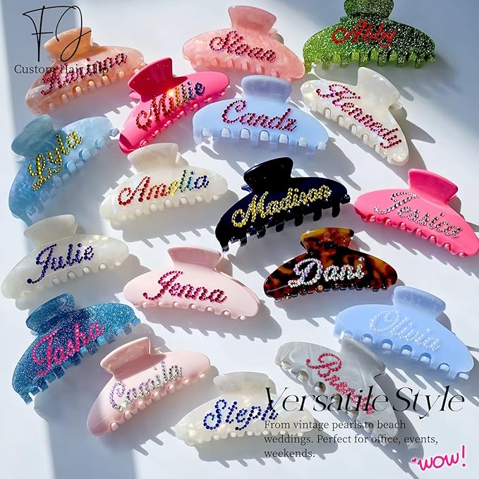 Personalized Colorful Name Hair Claw Clips for Women,Custom Hair Clips with Diamond,Cute Hair Accessories 4",Handmade Rhinestones Hair Clamp Gifts for Mom,Bride,Wife,Bridesmaid（Rose Red Glitter）