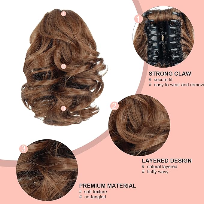 Ponytail Extension, Clip on Ponytails for Women, 9" Claw Clip in Short Curly Wavy Pony Hair Extension for Women - Light Golden Brown