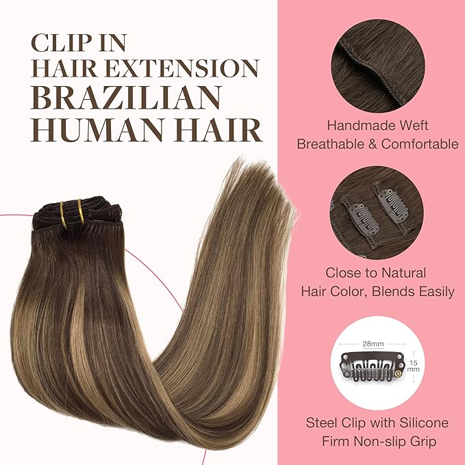 GOO GOO Clip in Hair Extensions Real Human Hair, Remy Human Hair Extensions Clip ins for Women, Natural Human Hair, 26inch 180g 7Pcs, #4/27/4 Balayage Chocolate Brown to Caramel Blonde