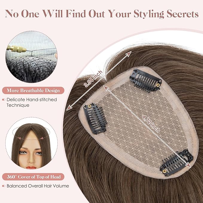 Hairro Human Hair Toppers Free Parted, 3.5x4.7" Base Hand-wovened 100% Real Hairpieces, with Invisible Clips-in for Women, for High Hairline/Adding Volume on Top, 14 Inch Cocoa Brown