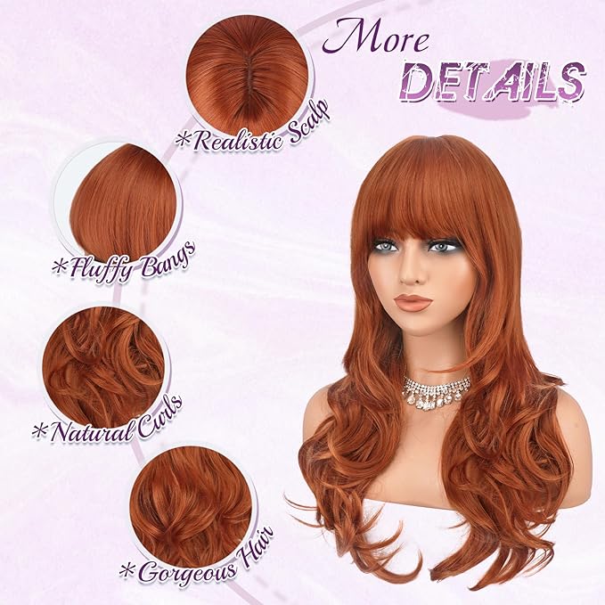 Haloo Auburn Wigs with Bangs Long Wavy Layered Haircut Natural Looking Fluffy Synthetic Heat Resistant Hair Wig for Women Daily Party, 24 Inch