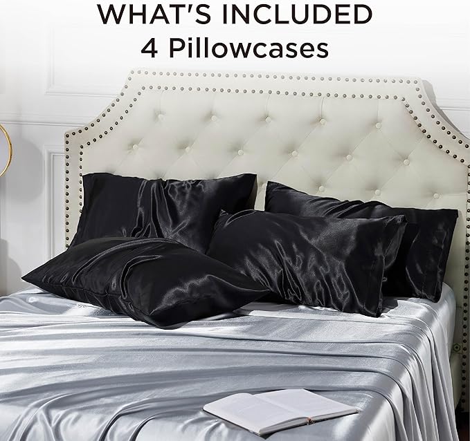 Bedsure Satin Pillowcase for Hair and Skin Queen - Black Silky Pillowcase 4 Pack 20x30 Inches with Envelope Closure, Similar to Silk Pillow Cases, Gifts for Women Men