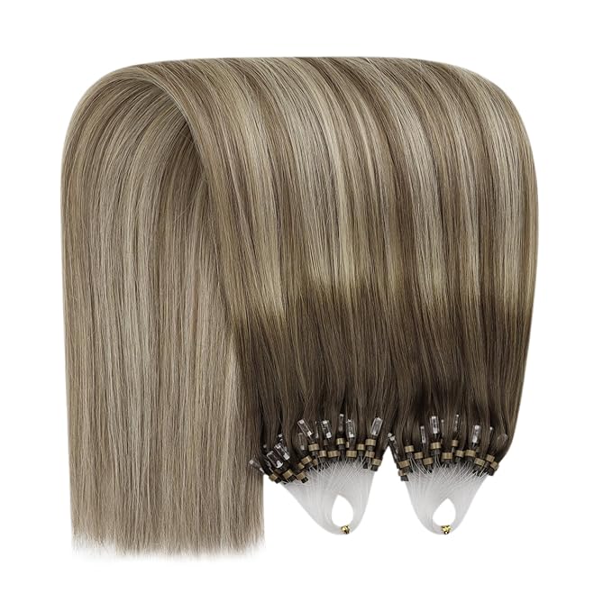 YoungSee Micro Beads Hair Extensions Balayage Micro Loop Hair Extensions Real Human Hair Dark Brown Ombre Brown with Blonde Micro Hair Extension 22In Bead Hair Extension Soft for Wedding 50s/50g