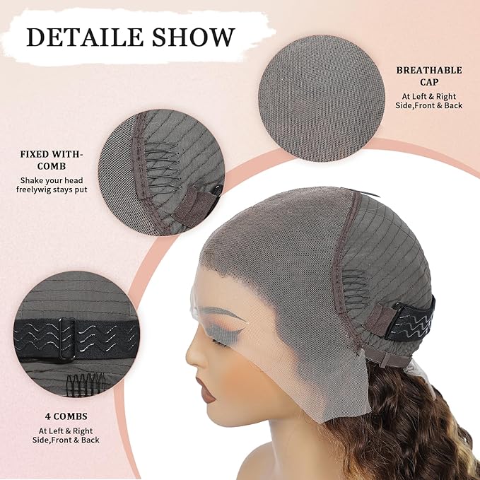 40 Inch Highlight Ombre Human Hair Wigs 13x6 HD Honey Blonde Deep Wave Lace Front Wigs Human Hair 180 Density Glueless Deep Wave 4/27 Colored Wet and Wavy Curly Wig Pre Plucked for Women