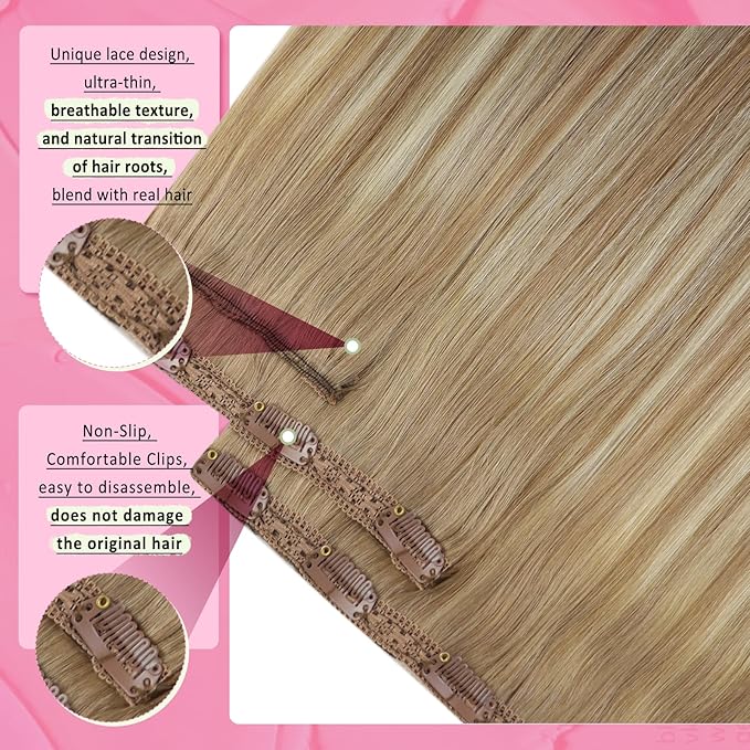 YoungSee 135g Clip in Hair Extensions Real Human Hair Balayage Clip in Hair Extensions Golden Brown and Platinum Blonde Clip ins Human Hair Extension Straight Remy Hair 18inch