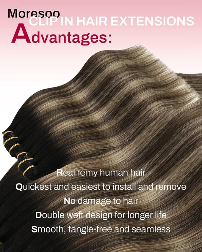 Moresoo Human Hair Clip in Extensions Balayage Remy Human Hair Extensions Clip ins Ombre Black and Brown with Dark Golden Blonde 7pcs 135g 18 Inch