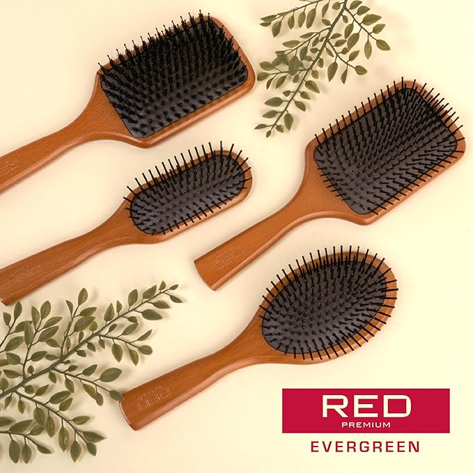 RED Premium Evergreen 100% Wooden Paddle Brush - Detangling Hair Brush With Long Bristles for Thick, Curly, Thin, Wet or Dry Hair (Oval Paddle)