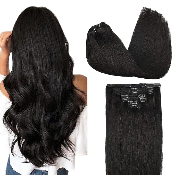 GOO GOO Clip in Hair Extensions Real Human Hair, Remy Human Hair Extensions Clip ins for Women, Natural Human Hair, 12inch 85g 7Pcs, 1B Natural black