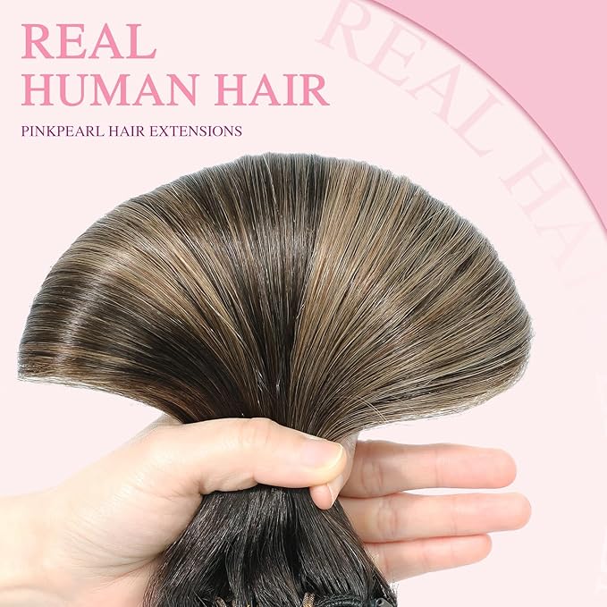 PINKPEARL Clip in Hair Extensions Real Human Hair #2/6/18 Balayage Dark Brown to Chestnut Brown and Ash Blonde 7pcs 120g 14inch Ombre Remy Human Hair Extensios Clip ins(#2/6/18-14)
