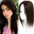 Hair Toppers for Women Real Human Hair, 360° 3D Human with Thinning Upgrade Middle Part Clip in Bangs Topper Hair Pieces for Women Daily (Mocha Brown, 14 Inch-3D-Side)