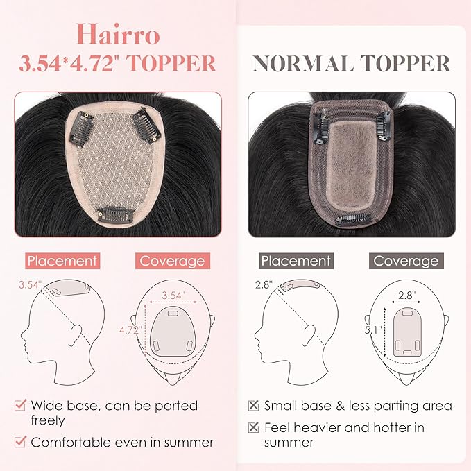 Hairro Human Hair Toppers with Wispy Bangs, 3.5x4.7" Hand-wovened Base for Women with Thinning Hair, Lightweight & Breathable Realistic Scalp, Clip-in Hairpieces for Easy Wear, 14 Inch Jet Black
