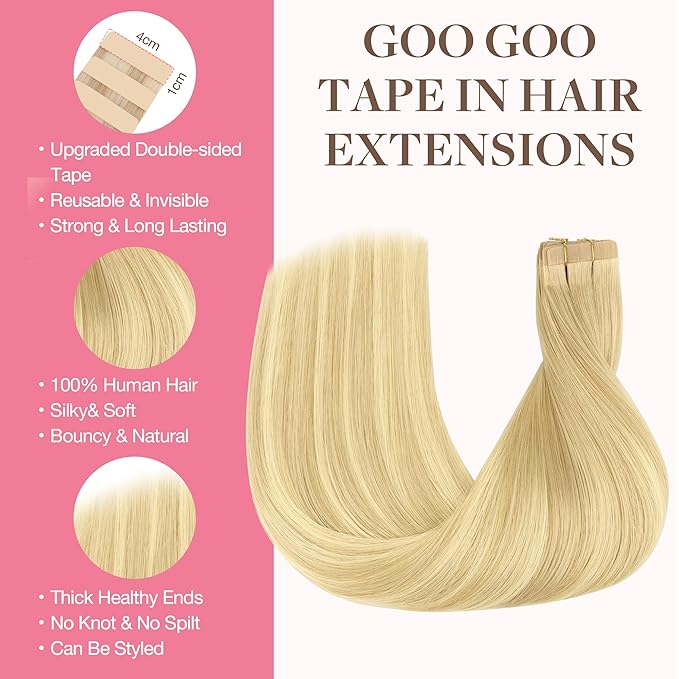 GOO GOO Tape in Hair Extensions Human Hair, 18AT60A Pearl Ash Blonde Highlights, 10inch 30g 20pcs, Skin Weft Seamless Invisible, Silky Straight with Thick Ends, Remy Human Hair