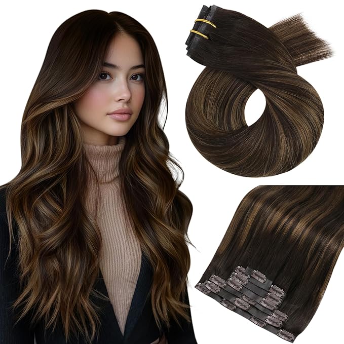 Moresoo Clip in Hair Extensions Real Human Hair Seamless Dark Brown to Chestnut Brown Ombre Seamless Clip ins Human Hair Remy Pu Weft 120g 7pieces Straight 16in