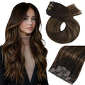 Moresoo Seamless Clip in Hair Extensions Balayage Seamless PU Weft Clip in Human Hair Extensions Ombre Dark Brown Mixed Chestnut Brown 7pcs 120g 22inch