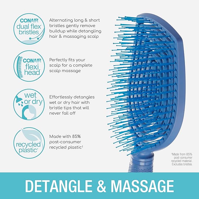 Conair Scalp Care Detangling hairbrush - Curly Hair Brush - Scalp Massager - hairbrushes for women & men - detangler for all lengths and types - can use wet or dry - Blue Aura