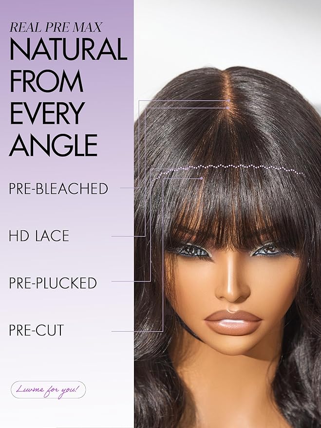 LUVME HAIR 7x6 HD Lace All-Day Comfort Wig with Bangs 200% Density Hair PartingMax Lace Wigs Loose Body Wave Lace Front Wigs Human Hair Pre Cut Plucked Lace Frontal Glueless 18 Inches