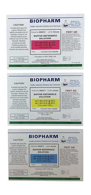 pH Buffer Calibration Solution 3-Pack: pH 4.00, pH 7.00, pH 10.00 Buffers — 500 mL (1.06 Pint) Each — Color Coded — NIST Traceable for All pH Meters