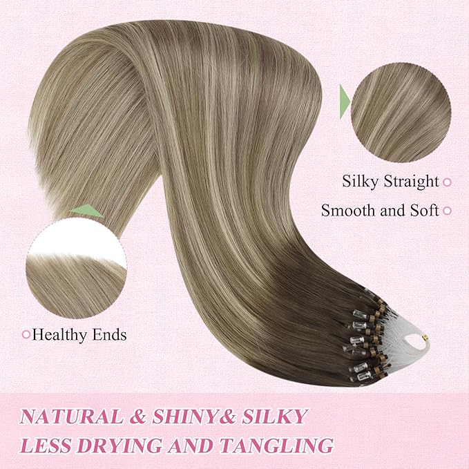 YoungSee Micro Loop Hair Extensions Real Human Hair Balayage Microbead Hair Extensions Human Hair Balayage Brown with Blonde Bead Hair Extension 20In for Photo Shoots 50s/50g