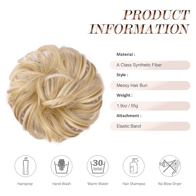 FESHFEN Messy Bun Hair Piece - Large Elastic Wavy Curly Hair Bun Scrunchies Ponytail Extensions Synthetic Chignon Hairpieces for Women, Champagne Blonde & White Blonde 1.94oz