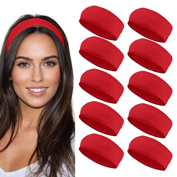 Styla Hair Headbands for Women Stretch Fashion Head Bands 10 Pack Non-Slip Head Wraps Great for Spa, Sports, Yoga, Pilates, Running, Gym Headband, Workouts - Red