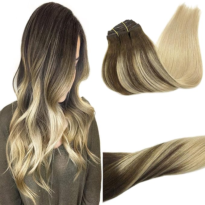 GOO GOO Clip in Hair Extensions Real Human Hair, Remy Human Hair Extensions Clip ins for Women, Natural Human Hair, 16inch 120g 7Pcs, 4/18 Balayage Chocolate Brown Highlighted Dirty Blonde