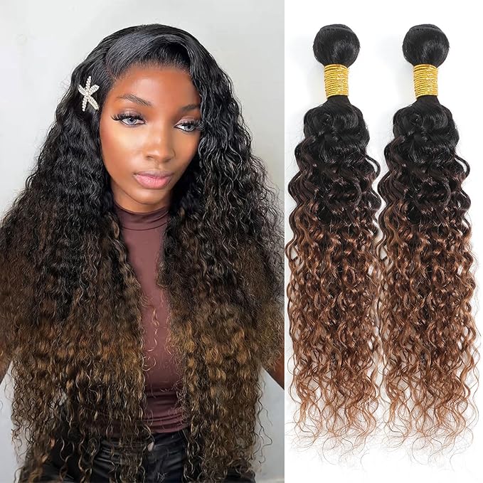 Water Wave Ombre Bundles Human Hair T1B/2/30 Chestnut Brown Ombre Color 2 Bundles of 14 Inch 100% Real Human Hair Unprocessed Raw Material For Quicky Weave