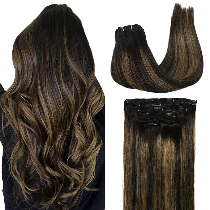 GOO GOO Clip in Hair Extensions Real Human Hair, Remy Human Hair Extensions Clip ins for Women, Natural Human Hair, 14inch 120g 7Pcs, 1B/6/1B Balayage Natural Black to Chestnut Brown